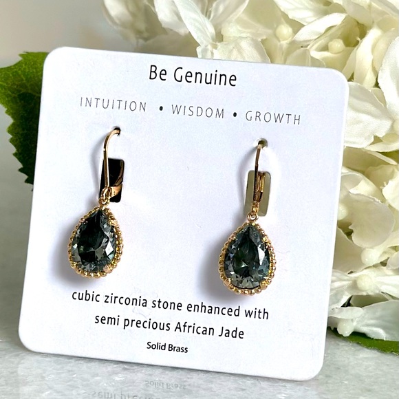 New cubic zirconia enhanced with semi precious African Jade solid brass earrings - Picture 1 of 4